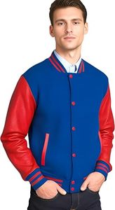 Veste universitaire en PU bleu et rouge pour homme, style preppy, col rabattu, boutons sur le devant, coupe régulière, vêtement d'automne - Product Image 5