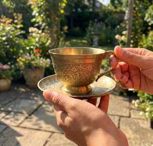 Brass <b>Cup</b> and <b>Saucer</b> Set with Opulent Shine and Graceful Silhouette for Weddings, Celebrations, and Family Gatherings - Product Image 5
