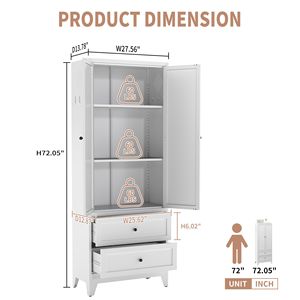 72-Inch <b>White</b> Freestanding Pantry <b>Cabinet</b> with 2 Drawers Heavy Duty Kitchen <b>Storage</b> Organizer Adjustable Shelves - Product Image 5