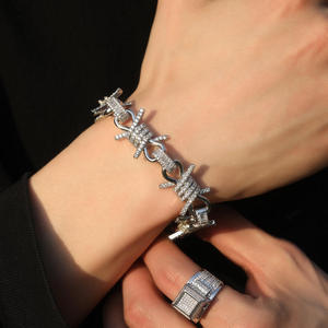 Bracelet chaîne en fil barbelé en argent S925 avec moissanite, plaqué rhodium, style hip-hop, unisexe, à porter au quotidien - Product Image 1