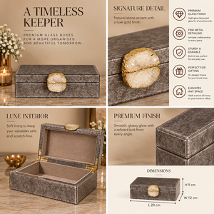 Boîte de rangement pour bijoux en verre brun moka avec accent en pierre naturelle, bordure dorée, finition brillante, doublure douce, organisateur décoratif - Product Image 5