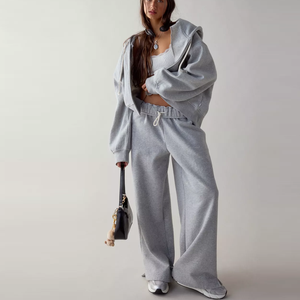 Pantalon de survêtement gris pour femme, coupe large, taille mi-haute, avec cordon de serrage, ample, longueur intégrale, décontracté, en molleton pour l'automne - Product Image 2