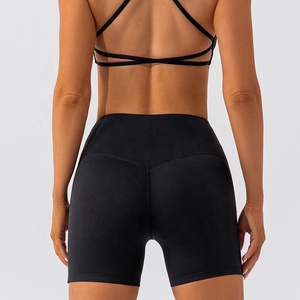 Shorts de yoga taille haute pour femme, noir uni, dos croisé, sportif, respirant, extensible, tricoté, tenue active - Product Image 2