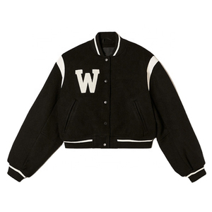 Veste universitaire en laine noire avec logo W blanc, style preppy, veste bomber courte pour homme, col rabattu, manches régulières - Product Image 1