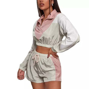 Cropped Racer Jacket Set With Full Sleeves Contrast Color Breathable Polyester Tracksuit For Women All Seasons Casual Style - Product Image 6