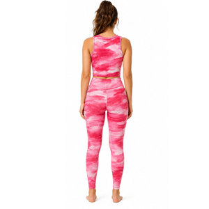 Ensemble de yoga 2 pièces pour femme, tie-dye rose, crop top, leggings taille haute longueur intégrale, dos nageur, col rond, sans couture, en Spandex et Polyester - Product Image 4