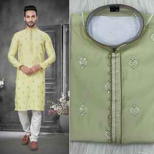 ATRACTIVO ALGODÓN SEDA BORDADO TRABAJO HOMBRE KURTA CON PIJAMA PISTA Achkan Bandhgala Sherwani - Product Image 1
