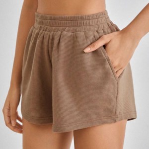 Shorts de Cintura Alta de Lona Tejida con Detalle de Botones, Color Sólido, Transpirables, Cintura Elástica, Casuales para Mujer - Product Image 2