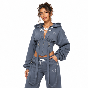 Conjunto Deportivo Casual Azul Mate para Mujer, Sudadera Corta con Cordón, Detalles de Corsé, Pantalones Oversize DTG, Ropa Urbana de Fábrica OEM - Product Image 4