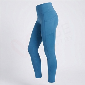 Leggings de Yoga de Cintura Alta y Longitud Completa con Bolsillos, Color Azul Sólido, Spandex y Nailon, Diseño Sin Costuras con Elasticidad en Cuatro Direcciones - Product Image 3