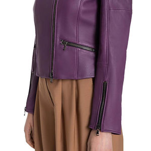 Purple PU Leather Moto Biker Jacket Women's Full Sleeve <b>Zipper</b> Closure O-Neck Solid Color Autumn Style - Product Image 5