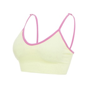 Sujetador deportivo verde lima para mujer con ribete en contraste rosa, tirantes finos, cuello redondo, sin costuras, soporte medio, transpirable, para fitness - Product Image 2