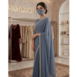 TRENDSbyCP Elegant Grey Silk Saree Pearl Embroidery Gold Border <b>Wedding</b> Party Womens Regular Fit Floor-Length Wrinkle-Free - Product Image 3