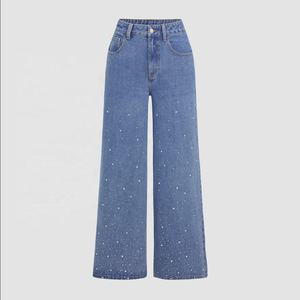 High Waist Wide Leg Denim <b>Pants</b> Medium Wash Blue Sequined Dot Pattern Loose Fit Full Length Cotton Casual Style Button Fly - Product Image 3