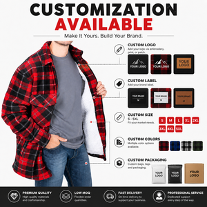 Wholesale New Custom Denim <b>Mens</b> Red Black Plaid Sherpa Lined Winter <b>Jacket</b> Zip Front Casual <b>Warm</b> Flannel Dyed Breathable Custom - Product Image 5