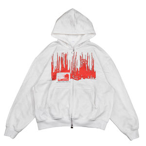 Sudadera con Capucha y Cierre para Hombre, Color Blanco, con Estampado de Goteo Rojo, Bolsillo Delantero, Felpa Francesa de Algodón, Estilo Casual para Otoño - Product Image 5