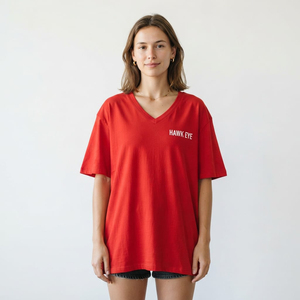 Camisetas personalizadas de manga corta para mujer, cuello en V, holgadas, informales, de color rojo intenso. - Product Image 1