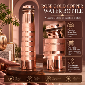Bouteille d'eau en cuivre rose doré avec bouchon à vis, design rayé décoratif, finition brossée et polie, réutilisable |   Bouteille Premium - Product Image 5