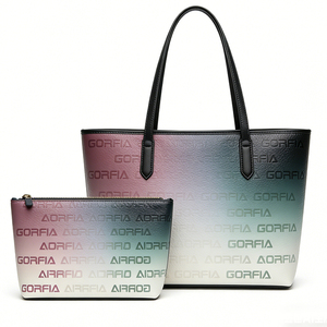 Trendy Designer Gradient Embossed Letter Tote Bag Large Capacity PU Leather Shoulder Bag with <b>Matching</b> Pouch 2PCS Set - Product Image 3