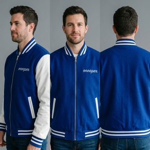 Blouson Bomber Homme Bleu Royal avec Manches en Cuir Blanc, Col et Poignets en Maille Côtelée Mélange de Laine Personnalisé, Veste Décontractée Streetwear, Vente en Gros - Product Image 5