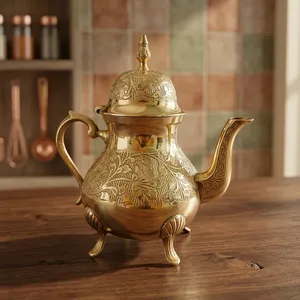 Théière en laiton de style moghol, artisanale, gravée de motifs floraux, service à thé décoratif traditionnel, théière en métal artisanale - Product Image 6