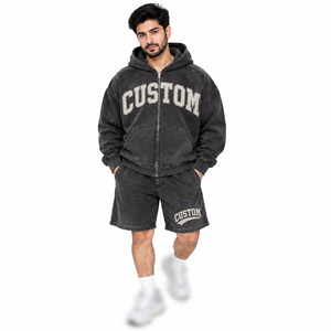 <b>Men's</b> <b>Hoodie</b> & <b>Shorts</b> <b>Set</b> Solid Breathable Casual Tracksuit Spring Wear Cotton Fleece Sweatshirt Outfit - Product Image 1