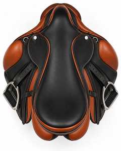 Selle d'équitation anglaise traditionnelle pour l'équitation et les sports équestres, en cuir noir et marron, avec étriers - Product Image 3