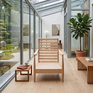 Fauteuil de salon moderne minimaliste en bois massif avec dossier à lattes et rembourrage en mousse et coton, idéal pour salon, patio, hôtel, avec garantie de 3 ans - Product Image 5