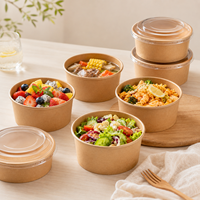 Bol à salade rond en papier kraft de 500 ml, boîte à lunch avec couvercle en papier, compatible micro-ondes