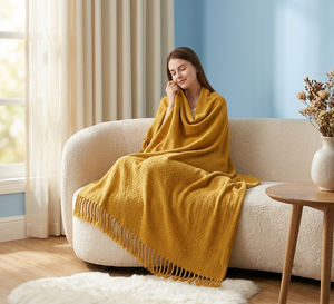 Manta de invierno con borlas color mostaza, suave funda de cojín con flecos para sofá, ropa de cama de algodón orgánico, textil decorativo portátil para el hogar. - Product Image 3