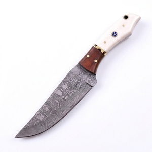 Couteau Bowie à lame fixe en acier Damas fait main, pour la chasse, le bushcraft, le camping et l'EDC, manche en os et bois de rose, fabricant direct. - Product Image 1