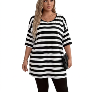 <b>Women's</b> Black White Striped Loose Fit Jersey Tunic Top Three Quarter Sleeve O Neck Casual <b>Long</b> Anti-Wrinkle Eco-Friendly All - Product Image 3