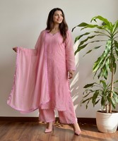 Conjunto de Salwar Kameez de Algodón Rosa con Bordado, Ropa Étnica Tradicional para Mujer, Corte Holgado, Largo hasta el Tobillo, Estilo Casual 84783
