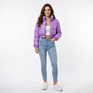 High Quality Purple Quilted Puffer <b>Jacket</b> With Stand Collar Zipper Closure <b>Short</b> Winter Coat For Women Solid Color Polyester - Product Image 4