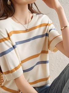 Camiseta Corta de Manga Corta para Mujer, Cuello Redondo, Tejido de Punto, Color Sólido, Corte Regular, Transpirable, Ecológica, Poliéster/Algodón - Product Image 3