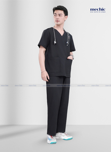 Conjunto de Uniforme Médico para Hombre, Cuello en V, Color Negro, Manga Corta, Tejido de Poliéster y Rayón, Incluye Pantalones - Product Image 4