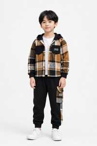 Ensemble de survêtement pour garçons ONETEN APPAREL, veste à capuche en coton à carreaux marron, pantalon à ourlet fendu, tenue d'hiver - Product Image 1