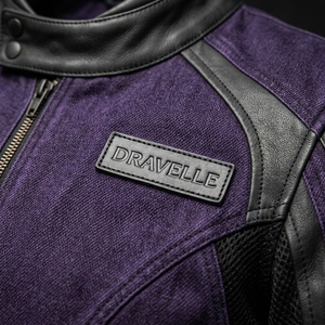 Blouson de moto en jean violet pour homme, style vintage avec empiècements en cuir, col montant, fermeture éclair asymétrique, veste de motard - Product Image 6