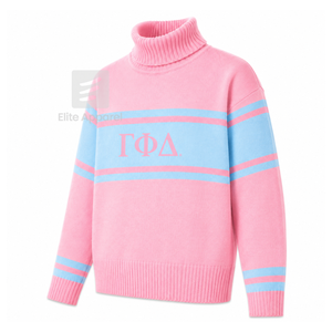Logo brodé personnalisé de la sororité Gamma Phi Delta sur le devant, col roulé, rose et rayures claires, pour vêtements grecs féminins. - Product Image 2