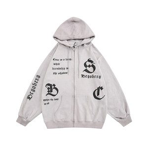 Sudadera con Capucha Extra Grande para Mujer, Gris, de Algodón Tejido, Manga Larga, Cierre Frontal con Cremallera, Estampado de Letras, Ropa de Otoño - Product Image 1