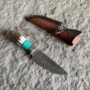 Couteau de camping à lame fixe droite en acier Damas haute dureté avec manche en plastique, couteau à viande OEM en stock avec étui en cuir - Product Image 3