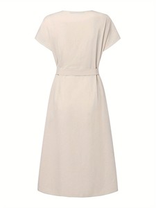 Robe midi en lin, col rond, manches courtes, coupe ample, couleur unie, respirante, décontractée, robe d'été pour femmes - Product Image 4