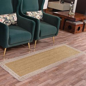 Tapis en jute tissé 2,6 x 6 pieds, blanc, à bordure imprimée, résistant aux taches, à poils longs, idéal pour couloir, salon, voyage - Vente chaude - Product Image 4