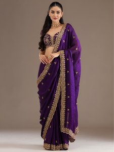 <b>Purple</b> Satin Silk <b>Saree</b> Embroidered Blouse Cutwork Border Traditional Indian Dress for Wedding Party Festive Wear - Product Image 1