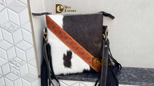 Sac à bandoulière en cuir de vachette de haute qualité avec franges, sac à main élégant en cuir sculpté et repoussé pour femme, multi-usages - Product Image 5