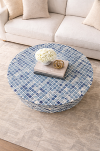 Blue Round Coffee <b>Table</b> <b>Resin</b> <b>Top</b> Wood Frame Modern Center <b>Table</b> for Living Room Hotel - Product Image 4