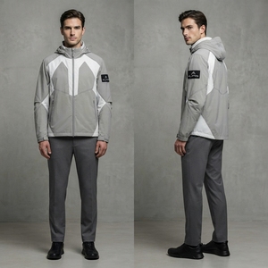 <b>Men</b> Gray <b>White</b> Hooded Windbreaker <b>Jacket</b> Geometric Panel Full Zip Lightweight Outdoor Sports <b>Jacket</b> - Product Image 2