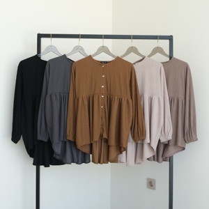 Long Blouse With Cowl Neck <b>Balloon</b> Sleeve And <b>Heart</b> Buttons Loose Fit Muslim Style Full Sleeve - Product Image 3