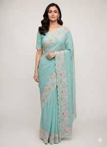 Saris Palan en Soie Douce et Crépue, Broderie Multiple Intégrale, Motifs Buti et Bordure de Designer, 5,60 m – Vente Directe Fabricant - Product Image 2