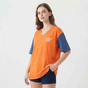 T-shirt décontracté à col en V et manches courtes pour femme, coupe ample, en jersey de coton, coloris orange et bleu, collection printemps-été - Product Image 1